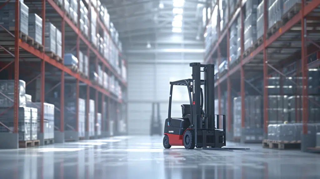 Forklift in modern warehouse with stocked shelves