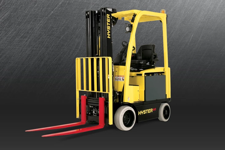 Yellow Hyster forklift on textured gray background